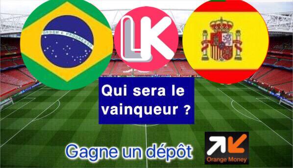 Gagnez un dépôt Orange Money en donnant le score exact du match Brésil Vs Espagne